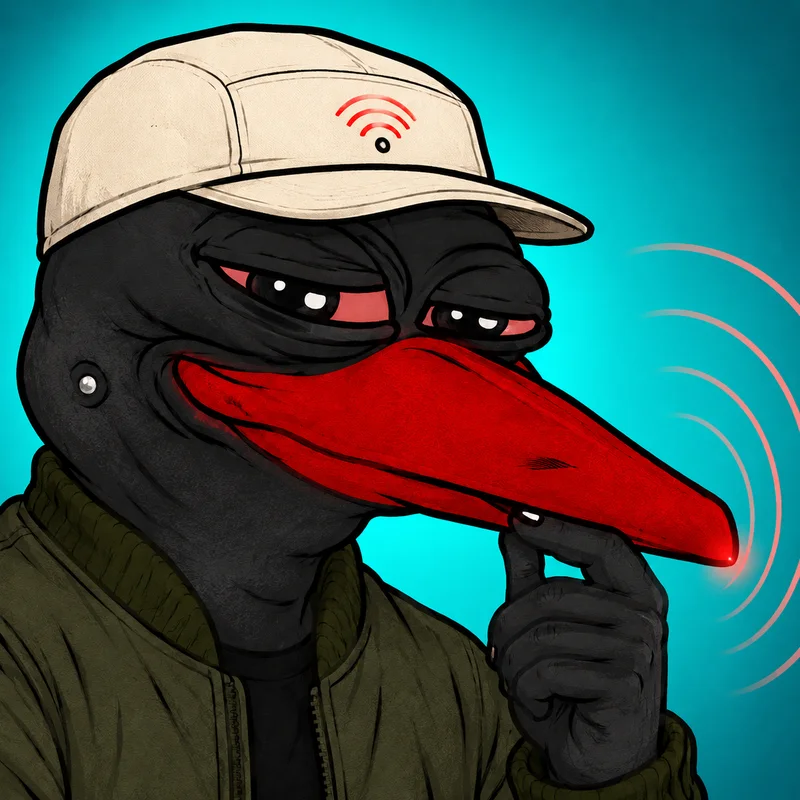 RUGNOSE — a black bird with a detector cap and a very long red nose